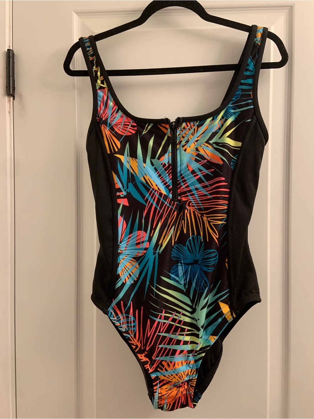 Front-Zip Tropical One-Piece Swimsuit - Black with Multicolor Palm Print
